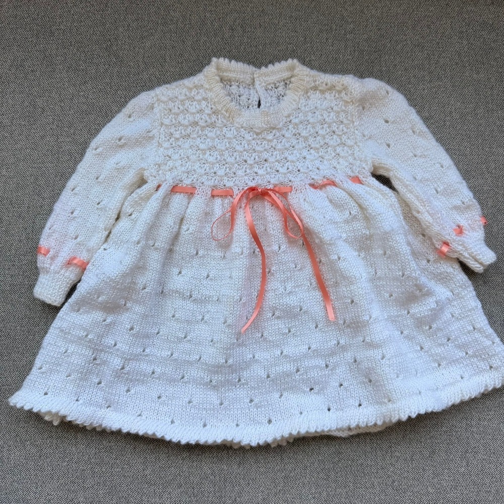 Vintage Handmade White Knit Baby Dress Peach Ribbon Pearl Buttons Special